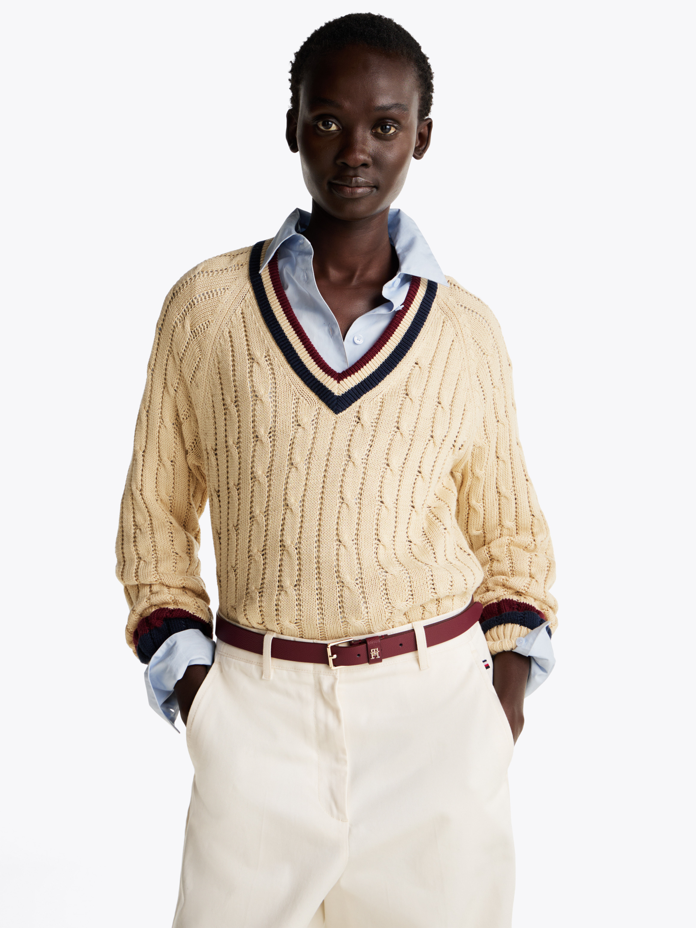 ★★ ★★ Varsity Cable V-Neck Sweater T22F0KTO WW0WW43972_C1G_MO-TP-F1_999.